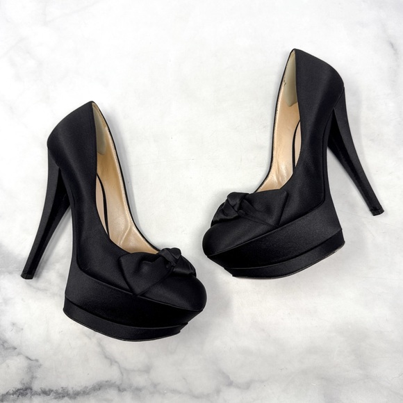 CASADEI Silk Satin Knot Bow Chunky Platform Stiletto Pumps High Heels Black 6 - Picture 2 of 15